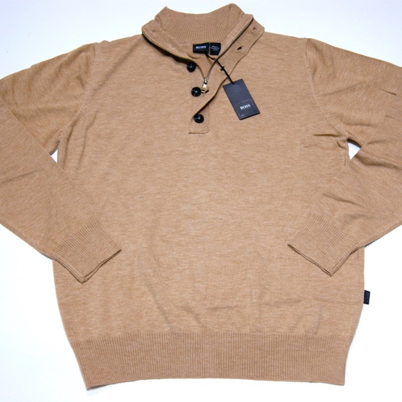 Hugo Boss Sweater Half Zip Buttons Beige Camel Pullover Sweater